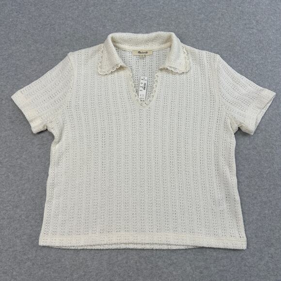 Madewell Crochet-Knit V-Neck Sweater Tee XS Vintage Ivory Short Sleeve Pullover - Picture 3 of 9